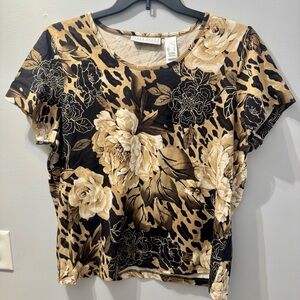 First Issue (Liz Claiborne) Black Tan Floral Leopard Print Top, Women's Size L